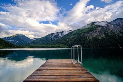 Scenic view of lake and mountains against sky