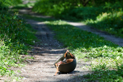 Helmet on footpath during sunny day