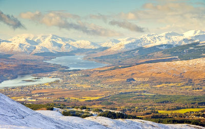 Aerial view of snowcapped mountains against sky