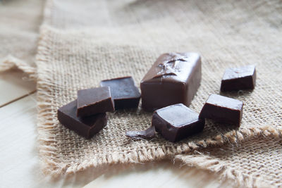 High angle view of chocolate cake on table