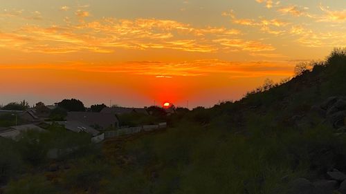 Scenic view of landscape against orange sky