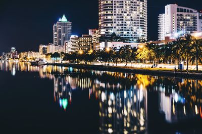 Reflection of illuminated buildings in water