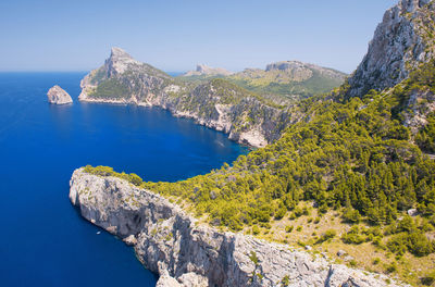 Scenic view of sea against clear blue sky