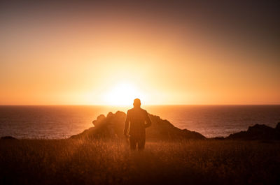 Rear view of man standing on beach against sky during sunset