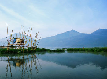 Scenic view of lake against sky, mountain reflection