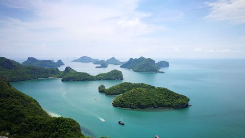 High angle view of bay against sky