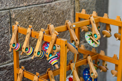 High angle view of toys on wood