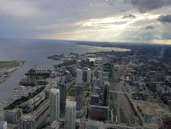 High angle view of buildings against sky during sunset