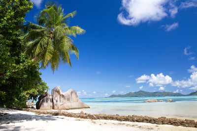 Scenic view of sea against blue sky