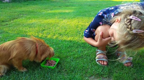 Rear view of girl with dog on field