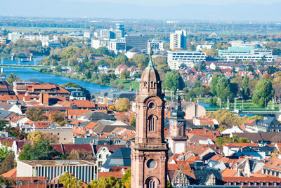 High angle view of buildings in city