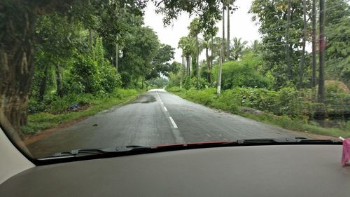 Road amidst trees seen through car windshield