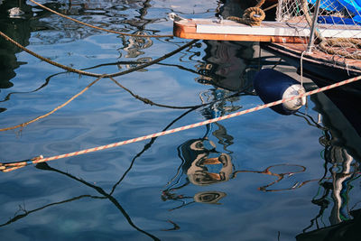 High angle view of rope above water surface