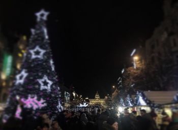 Crowd at illuminated christmas tree at night