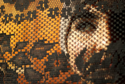 Woman looking away seen through net fabric