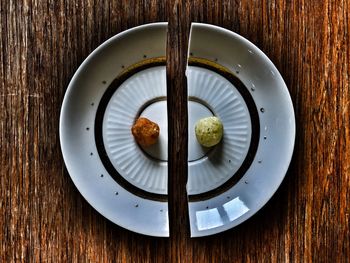 High angle view of dessert served on table