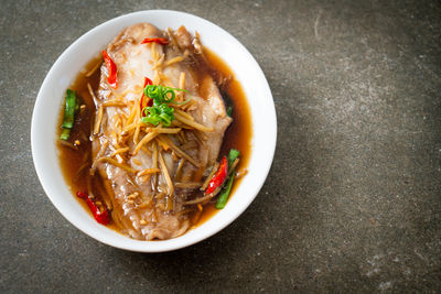 High angle view of soup in bowl on table