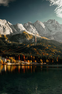 Scenic view of lake by snowcapped mountains against sky