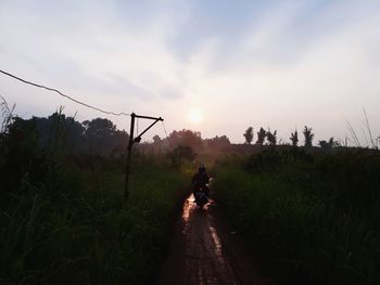 Man walking on field against sky during sunset