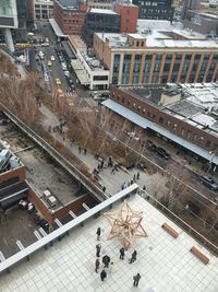 High angle view of people on city street