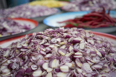 Close-up of sliced onions in plate