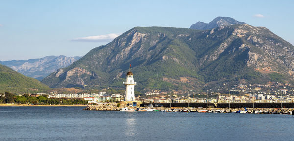 Turkey, alanya - november 9, 2020.  old lighthouse in port of alanya. view from the sea.