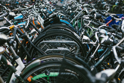 High angle view of bicycles in parking lot
