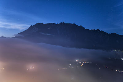 Scenic view of mountains against sky at night