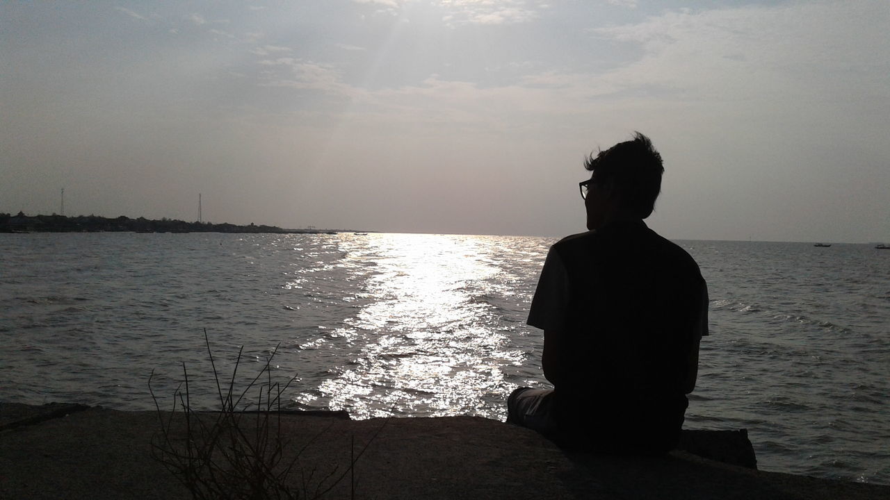 REAR VIEW OF SILHOUETTE MAN STANDING AT BEACH