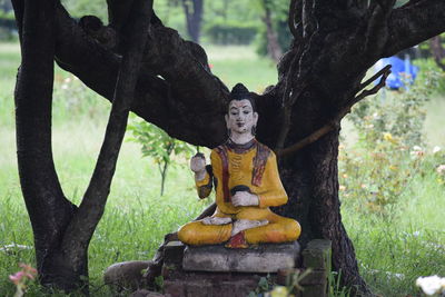 Close-up of statue against tree trunk