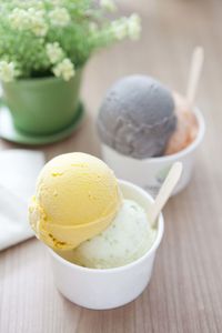 Close-up of ice cream in bowl on table