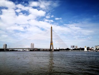 Suspension bridge over river with city in background
