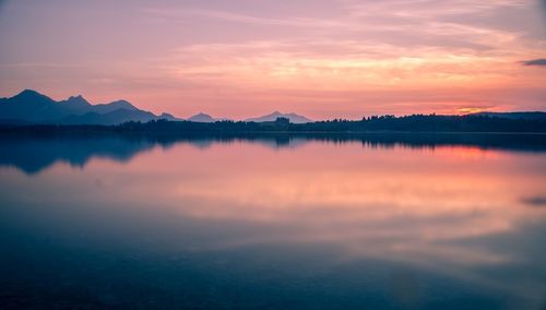 Scenic view of calm lake at sunset