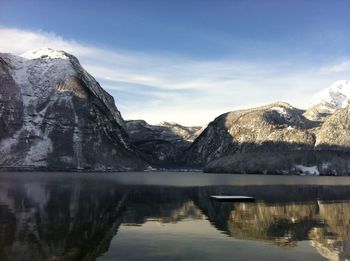 Scenic view of lake and mountains against sky