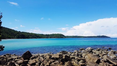 Scenic view of sea against blue sky