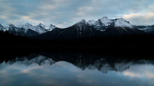 Scenic view of lake and snowcapped mountains against sky