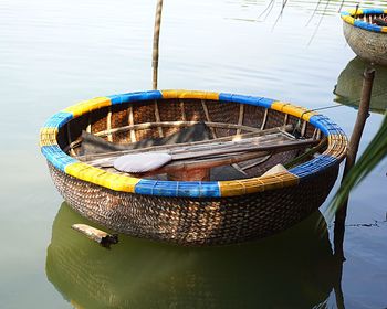High angle view of fishing boat moored in lake