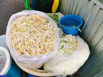 High angle view of noodles in bowl on table