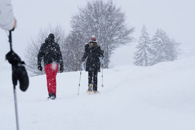 Rear view of people on snow covered tree