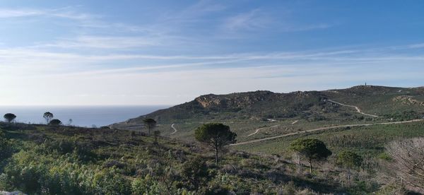 Scenic view of land and sea against sky