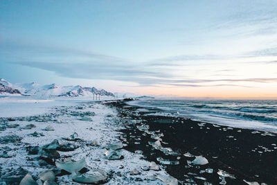 View over diamond beach in iceland with ice cubes on the ground