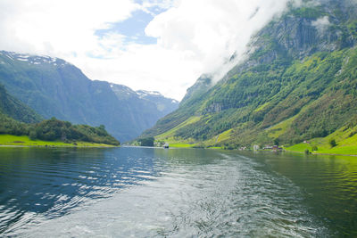 Scenic view of lake by mountains against sky