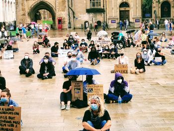 High angle view of people at town square