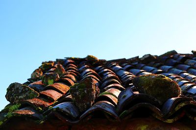 Low angle view of roof tiles against blue sky