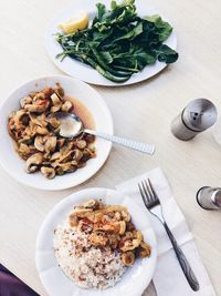 High angle view of breakfast served on table