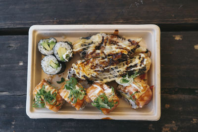 High angle view of food in plate on table