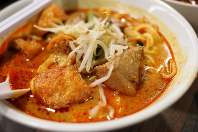 High angle view of laksa soup in bowl on table