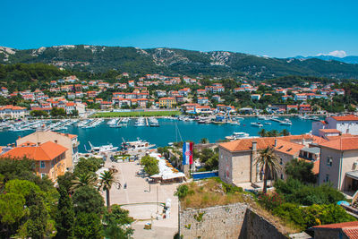 High angle view of townscape against blue sky