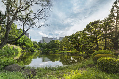 Scenic view of lake by trees against sky