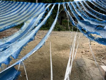 High angle view of blue fishing net